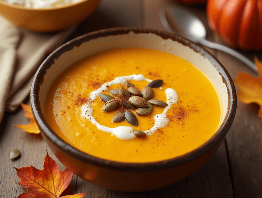 A creamy bowl of Panera Bread butternut squash soup garnished with pumpkin seeds and cream, perfect for a cozy fall recipe