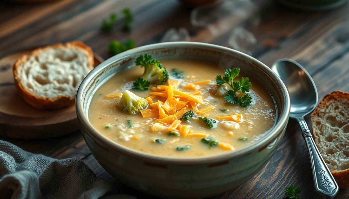 5-Step Homemade Broccoli Cheddar Soup: Ultimate Creamy Comfort 1 Large pot of broccoli cheddar soup simmering with fresh broccoli pieces and melted cheese perfect for a family dinner