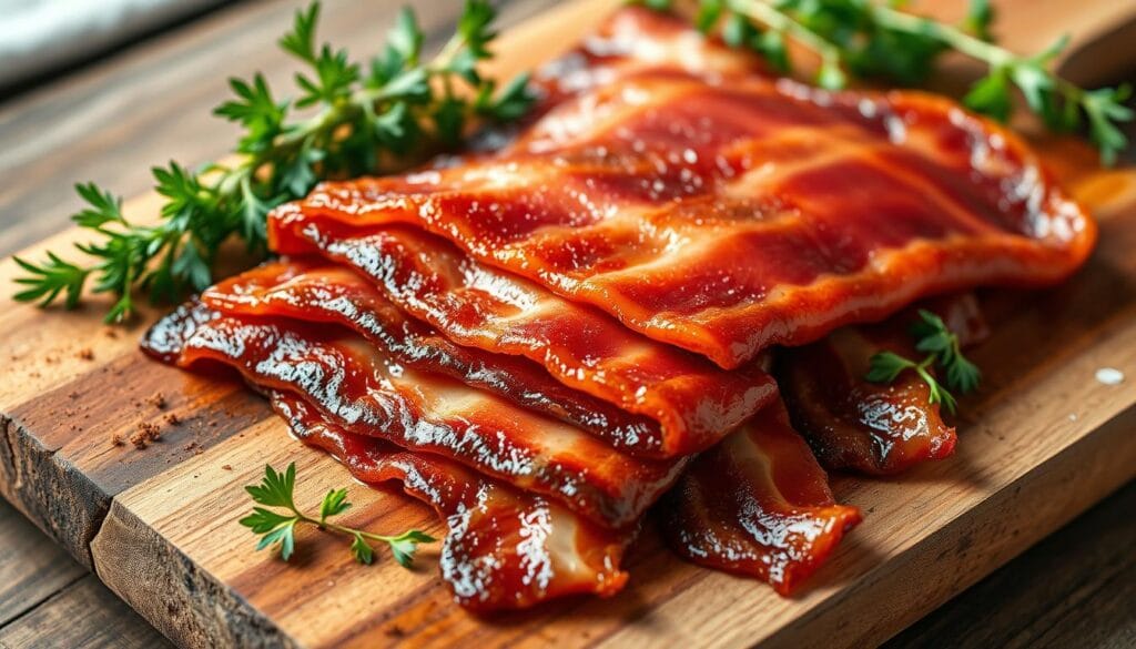 Crispy strips of beef bacon served on a wooden board alongside fresh herbs and dipping sauce highlighting its smoky flavor and gourmet appeal