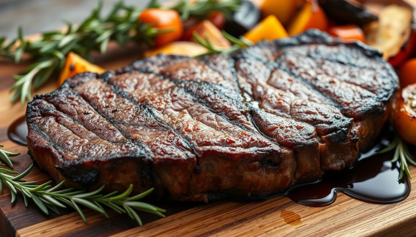 Beef bavette steak sizzling on a cast-iron skillet with a golden crust and caramelized edges