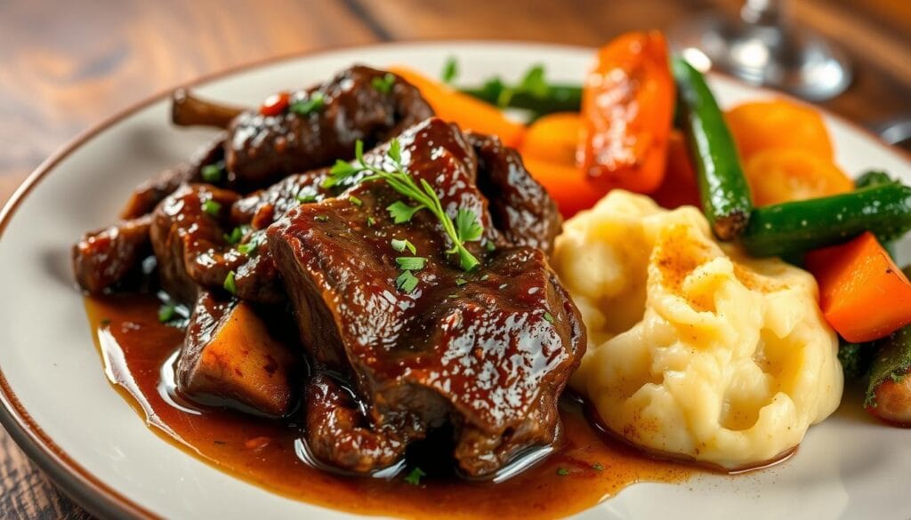 Tender slow-cooked beef cheeks served on a plate with creamy mashed potatoes and fresh herbs for garnish