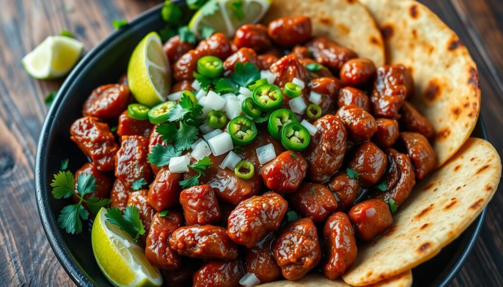 Home - Easy Recipes 14 Sizzling beef chorizo cooked with spices and vegetables in a skillet for a flavorful Mexican-inspired dish