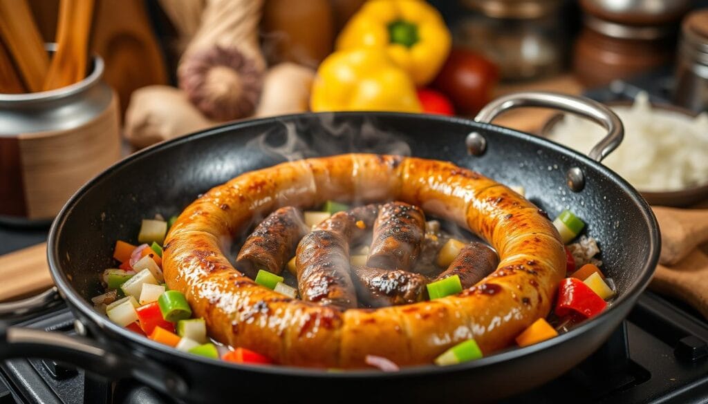 Grilled beef sausages served on a plate with roasted vegetables and a side of mustard for a hearty meal