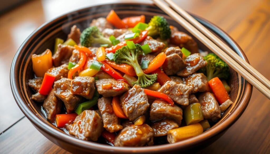 Tender beef stir fry with crisp vegetables and savory sauce, served in a wok, showcasing a quick and flavorful weeknight dinner option