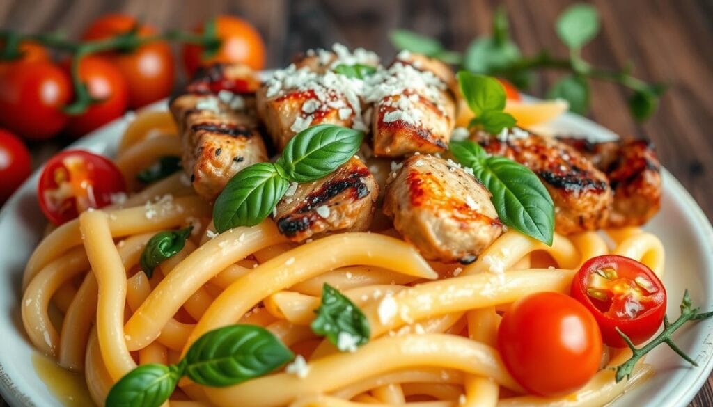 Chicken and Italian sausage pasta served in a bowl with creamy sauce fresh basil and Parmesan cheese