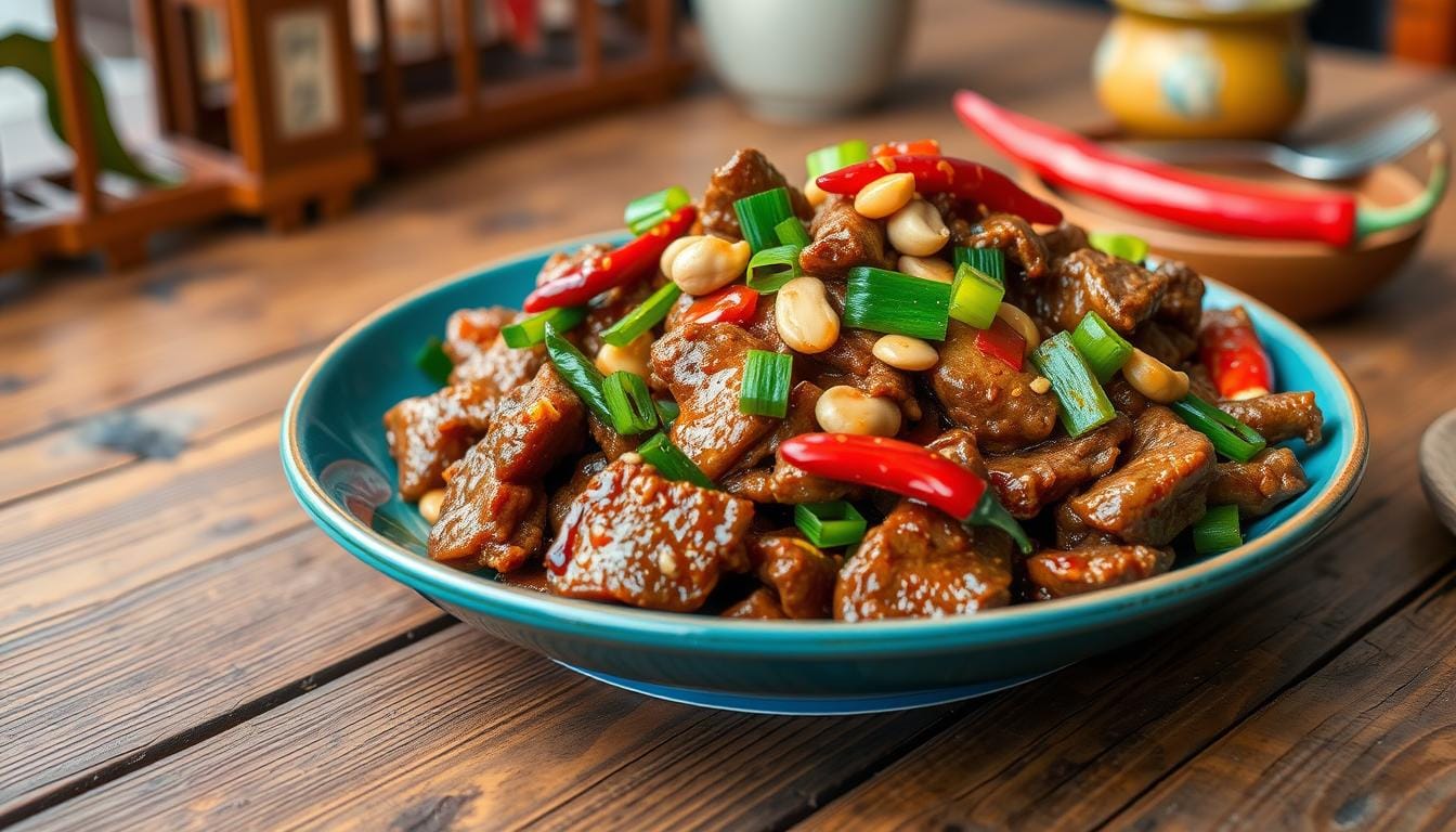 30-Minute Kung Pao Beef Recipe Packed with Bold Flavors 1 Plate of Kung Pao Beef with tender beef slices crisp vegetables and roasted peanuts garnished with green onions