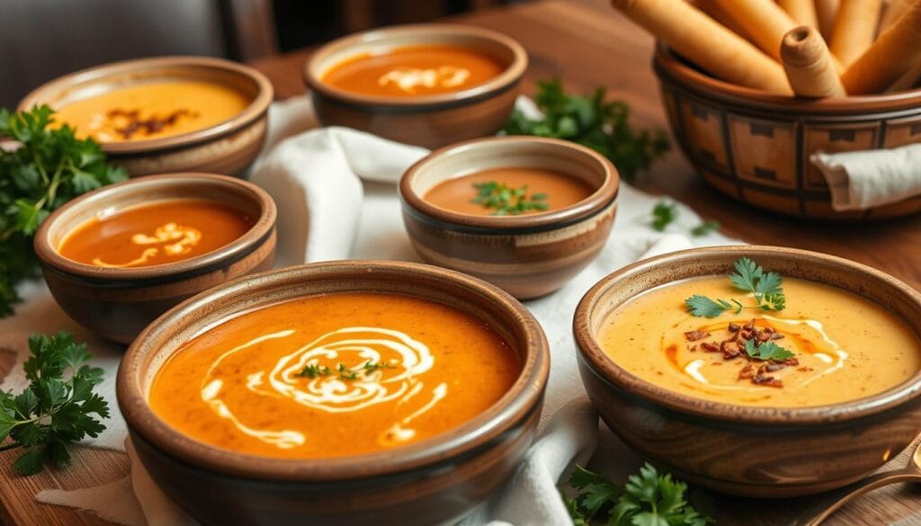 Bowls of Olive Garden soups like Minestrone, Zuppa Toscana, and Pasta e Fagioli, served hot with fresh breadsticks for a cozy Italian dining experience