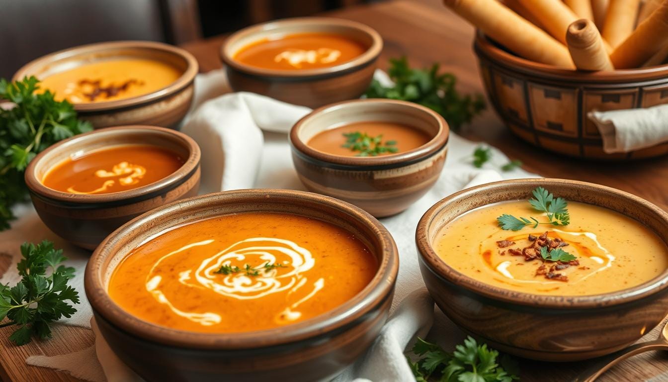 Bowls of Olive Garden soups like Minestrone, Zuppa Toscana, and Pasta e Fagioli, served hot with fresh breadsticks for a cozy Italian dining experience
