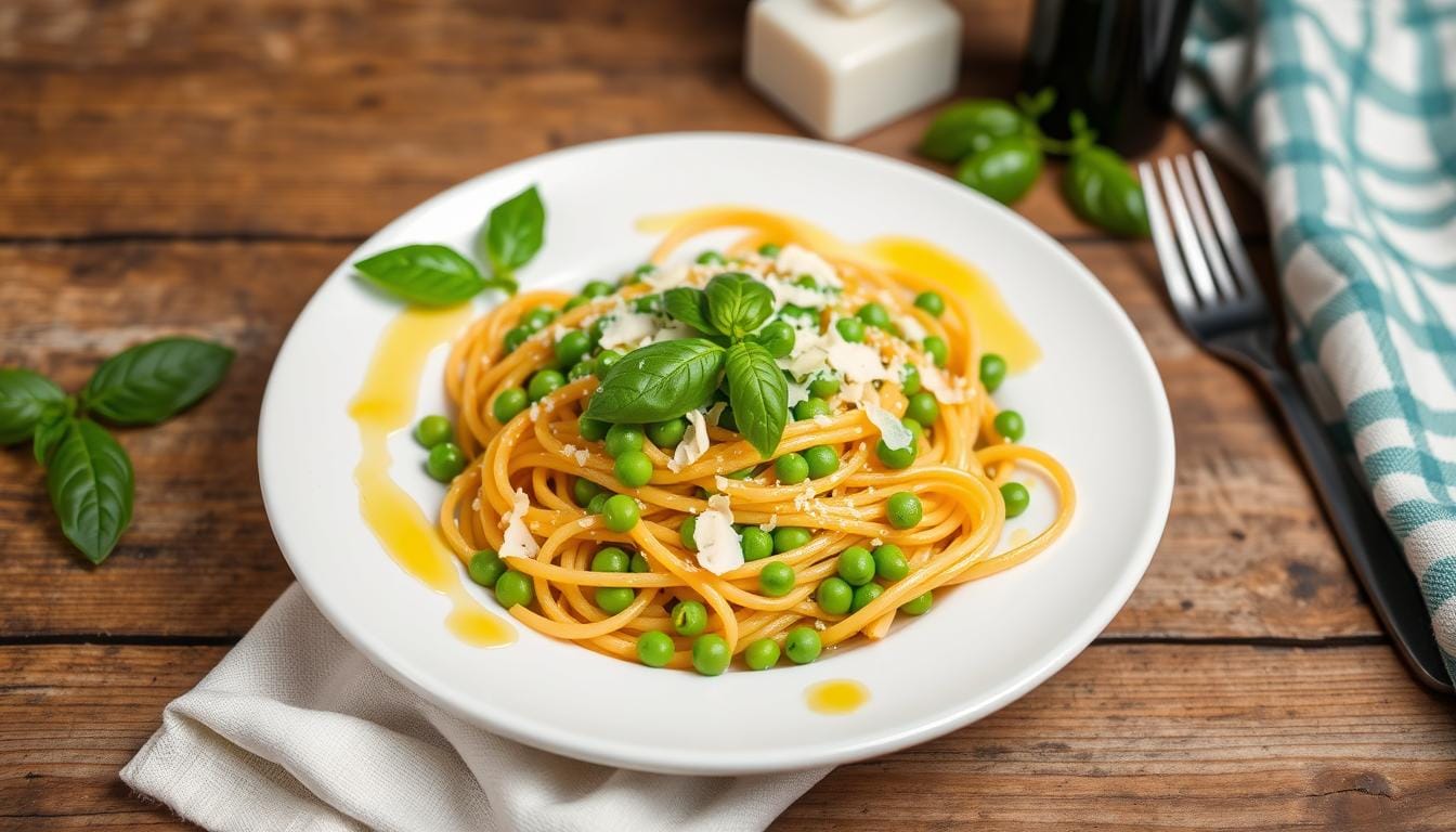 5-Minute Pasta and Peas Recipe A Simple and Delicious Dish 1 Close-up of pasta and peas in a light garlic butter sauce garnished with cracked black pepper