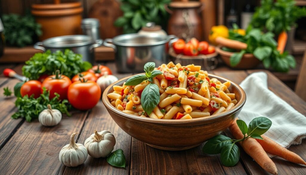 Bowl of hearty pasta fagioli soup filled with beans, pasta, and fresh herbs, served with a slice of crusty bread.