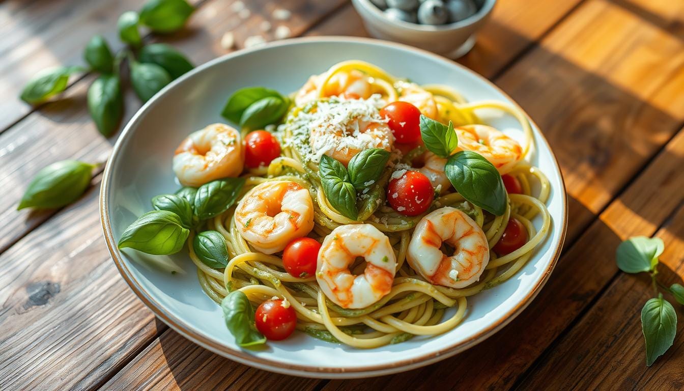 Pan of spicy shrimp pasta recipes with penne, cherry tomatoes, and fresh basil, a perfect seafood pasta dish for a quick shrimp linguine dinner.