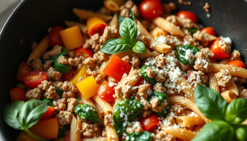Tasty ground turkey pasta skillet with fresh herbs and grated cheese