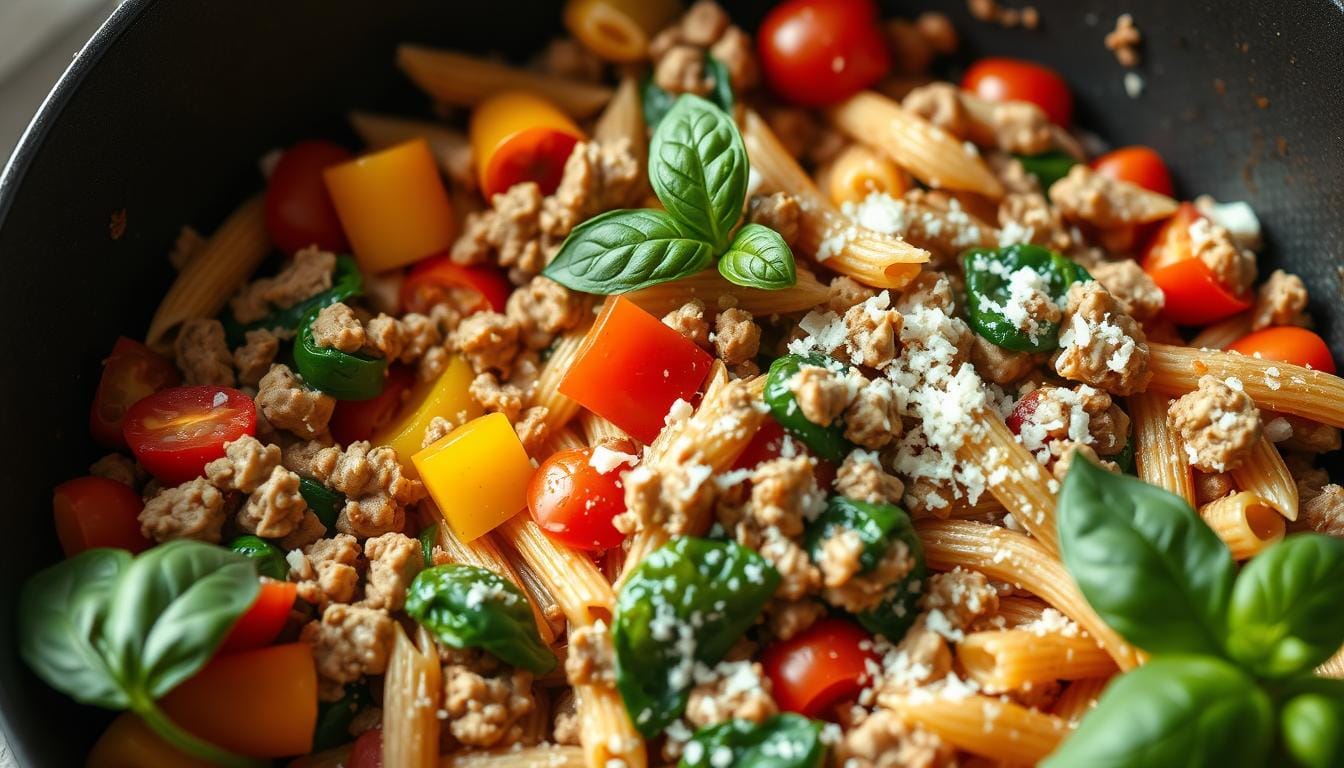 Tasty ground turkey pasta skillet with fresh herbs and grated cheese
