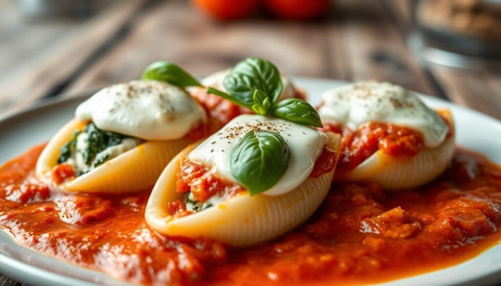 Spinach ricotta stuffed shells topped with marinara sauce and melted cheese