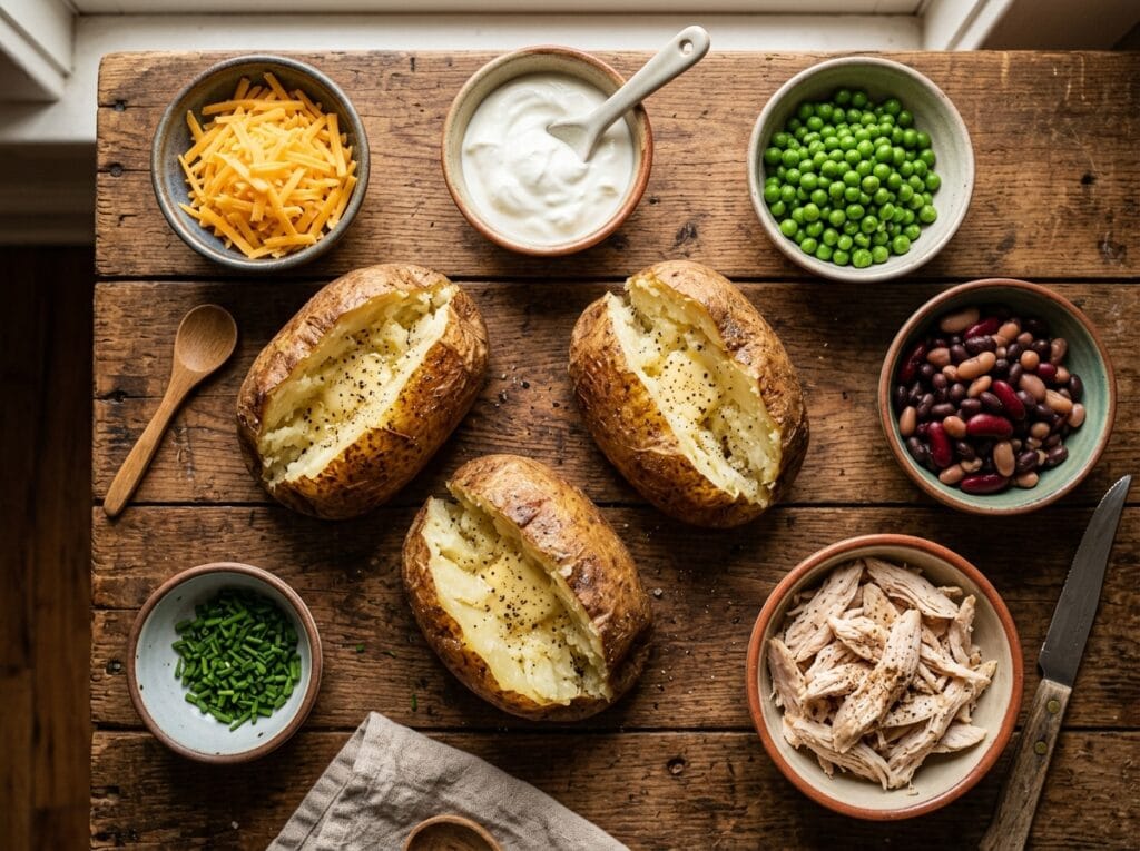Dinner Ideas for Picky Eaters: 10 Easy Family Meals 3 Baked potato bar with cheese, yogurt, peas, beans and chicken toppings for a family dinner