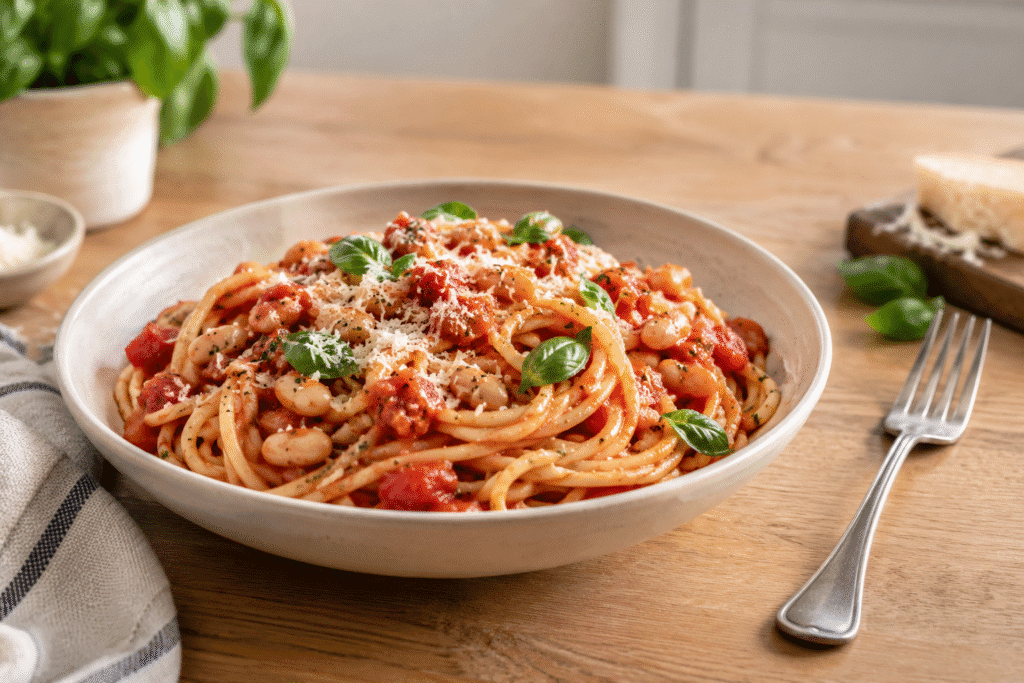 Home - Easy Recipes 16 Tomato and white bean spaghetti in a bowl, an easy 30-minute family dinner.