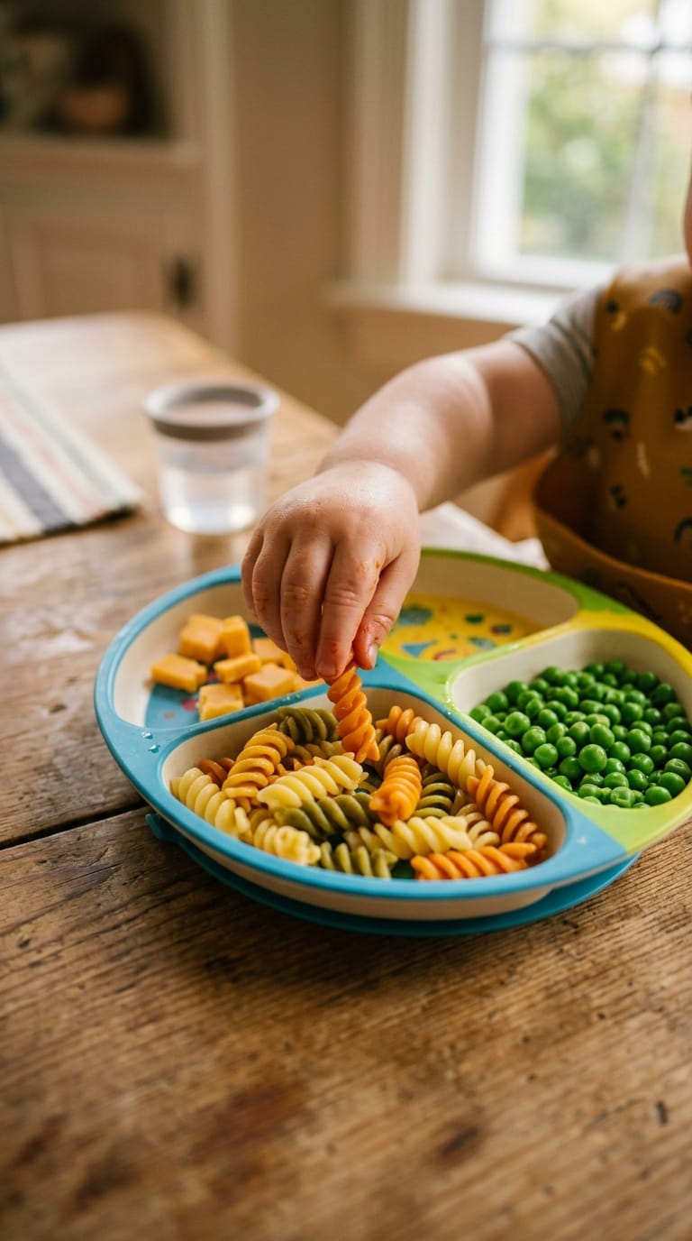 Home - Easy Recipes 1 Child's hand picking up pasta from a divided plate with peas and cheese