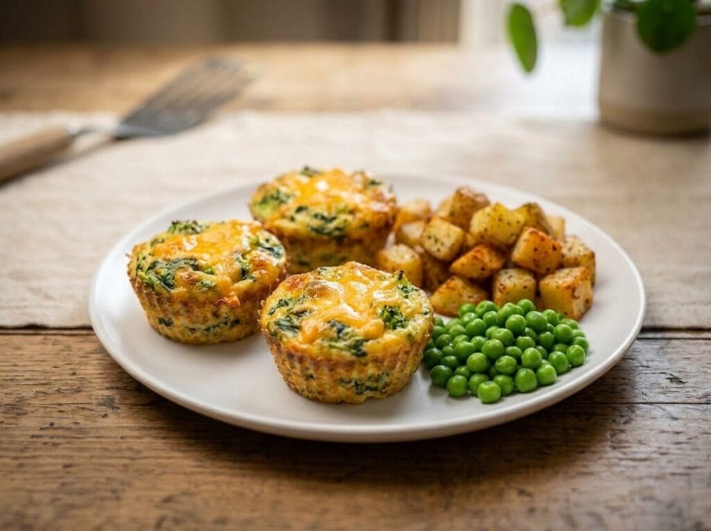 Baked egg muffins with spinach, served with roasted potatoes and peas