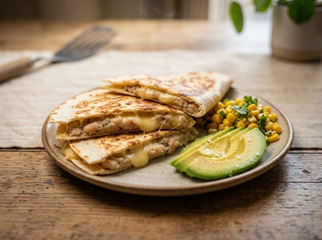 Bean and cheese breakfast quesadilla wedges served with avocado and corn