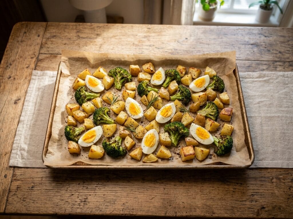 Sheet-pan roasted potatoes, broccoli and hard-boiled eggs for an easy family dinner