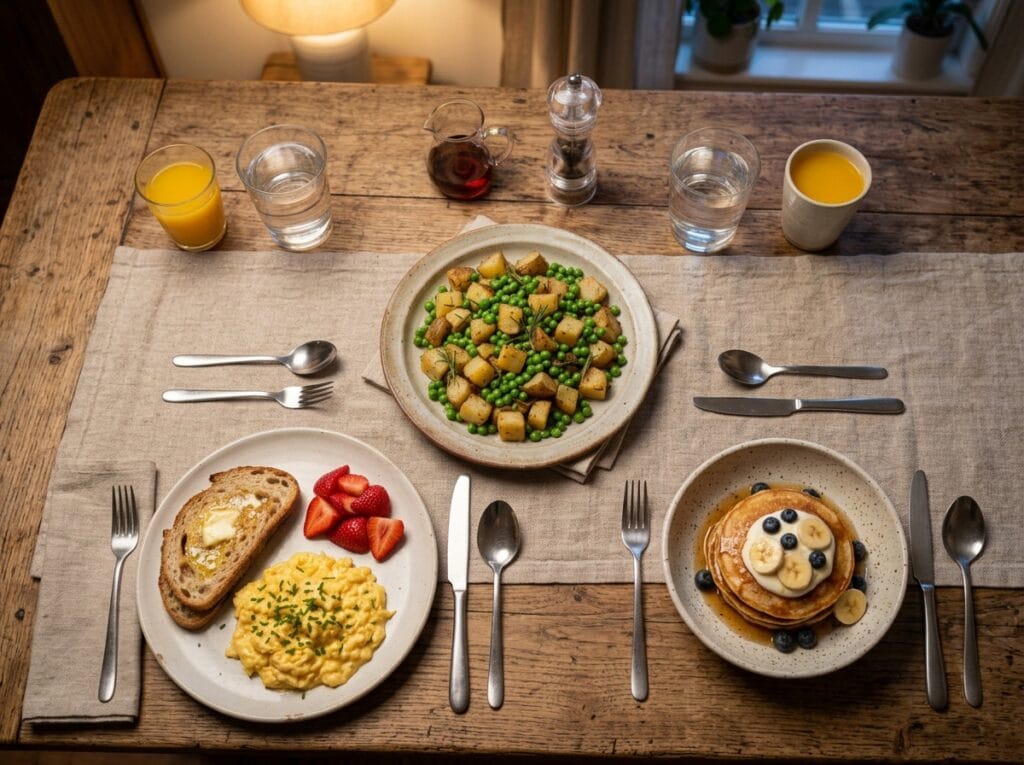 Home - Easy Recipes 16 Family breakfast-for-dinner spread with eggs, pancakes and roasted potatoes on a wooden table