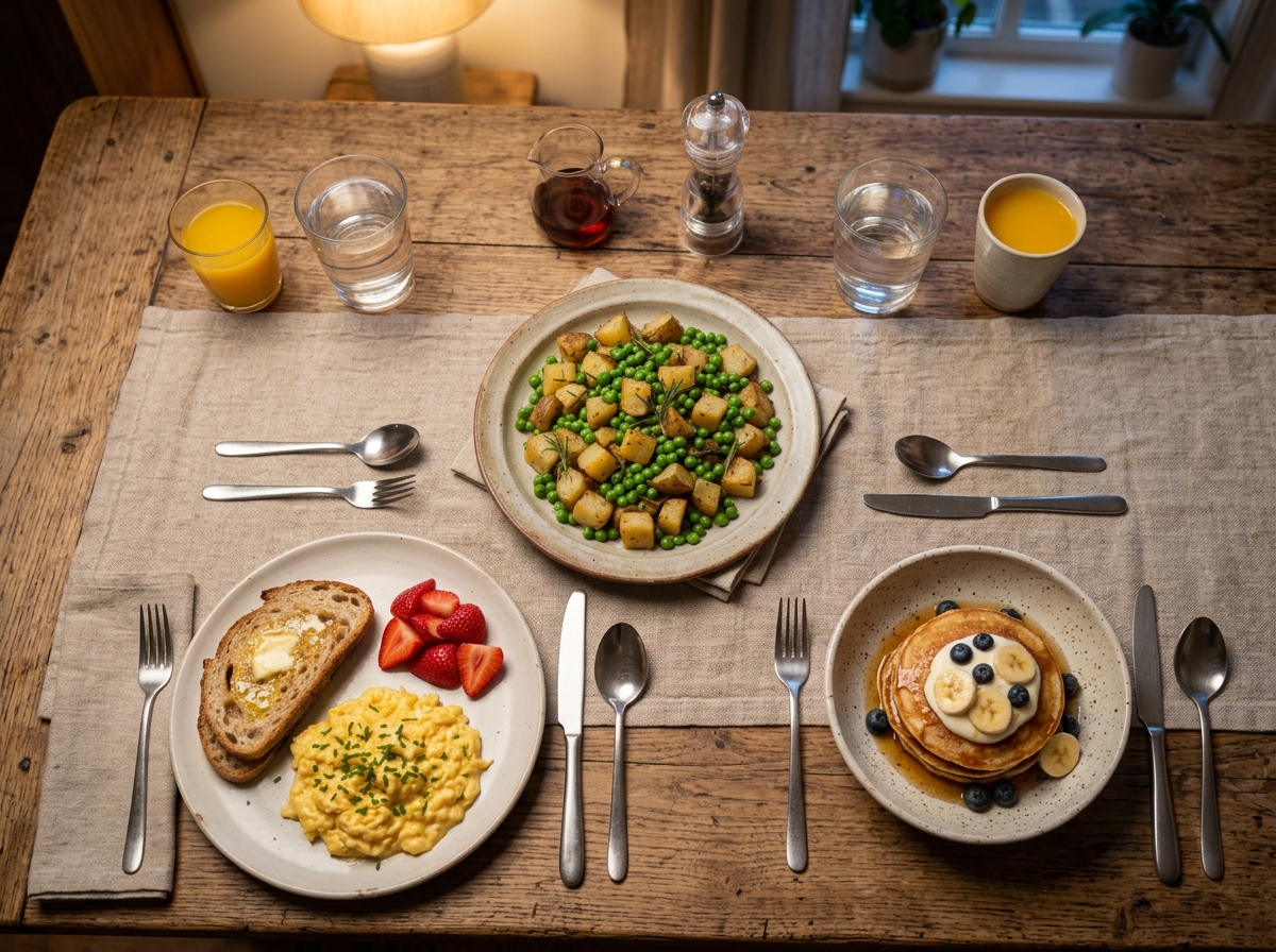 Family breakfast-for-dinner spread with eggs, pancakes and roasted potatoes on a wooden table