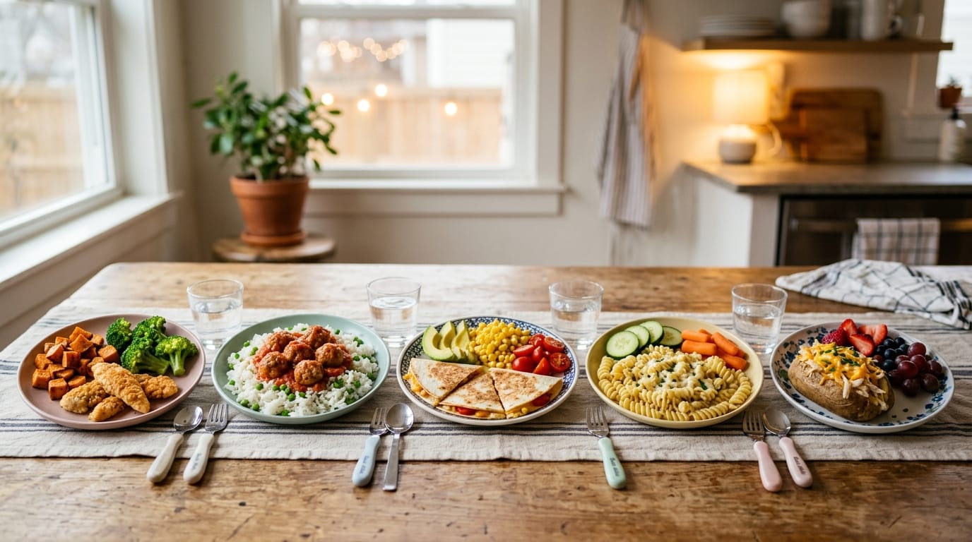 Kid-friendly weeknight dinner ideas with chicken tenders, meatballs, quesadillas, parmesan pasta, and baked potato.