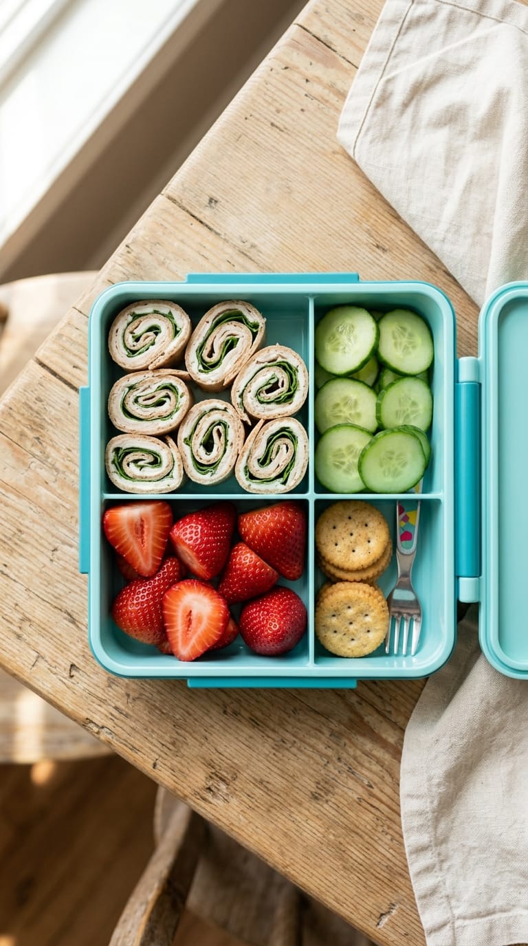 Home - Easy Recipes 2 Open kids' lunchbox with turkey pinwheels, cucumber, strawberries and crackers