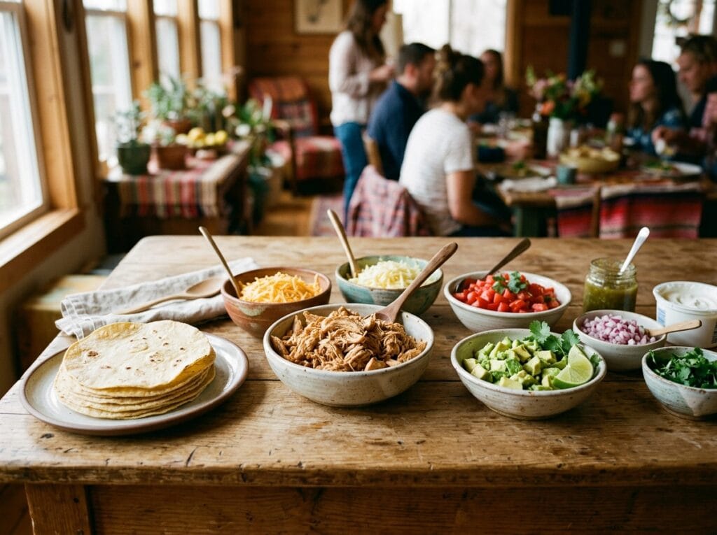 Dinner Ideas for Picky Eaters: 10 Easy Family Meals 2 Build-your-own chicken taco bar with tortillas, cheese, tomatoes and avocado in separate bowls