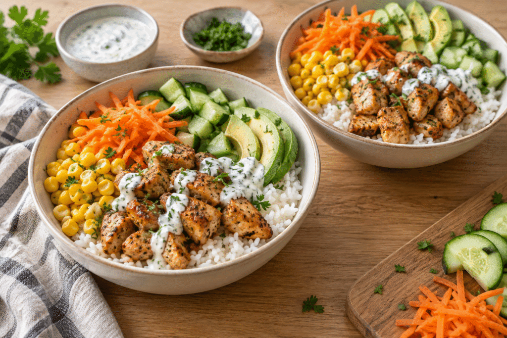 7 Easy Meals Under 30 Minutes for Busy Families 3 Chicken and rice bowls with cucumber, carrot, corn, avocado and mild yogurt sauce for a quick family dinner.