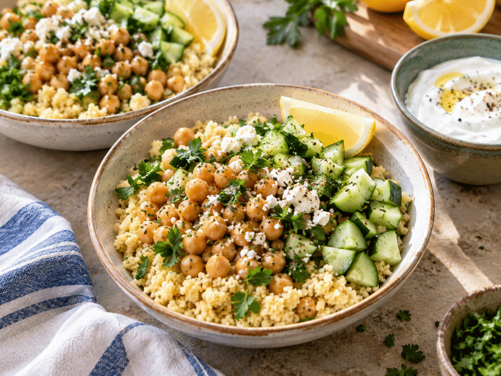 7 Easy Meals Under 30 Minutes for Busy Families 4 Chickpea couscous bowls with cucumber, lemon and yogurt for a quick family dinner.