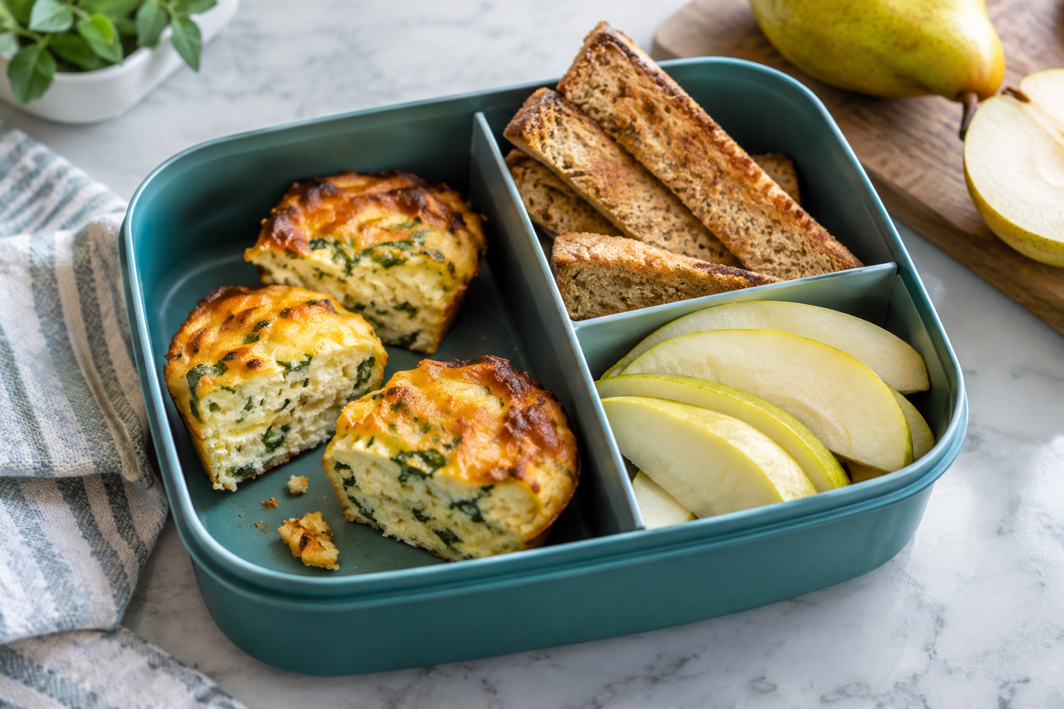 15 Lunch Ideas for Kindergarteners That Are Easy to Pack 3 Egg and spinach muffins with toast fingers and sliced pear in a school lunchbox.
