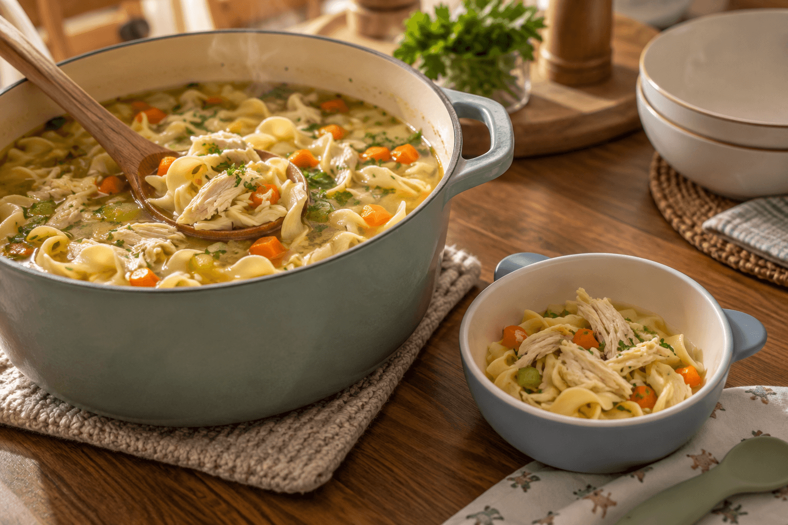 Chicken noodle soup with tender noodles and vegetables for a family dinner