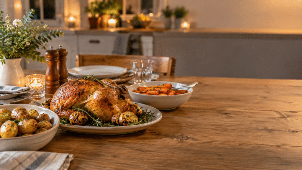 Home - Easy Recipes 16 Family dinner of roasted chicken, potatoes and tender carrots