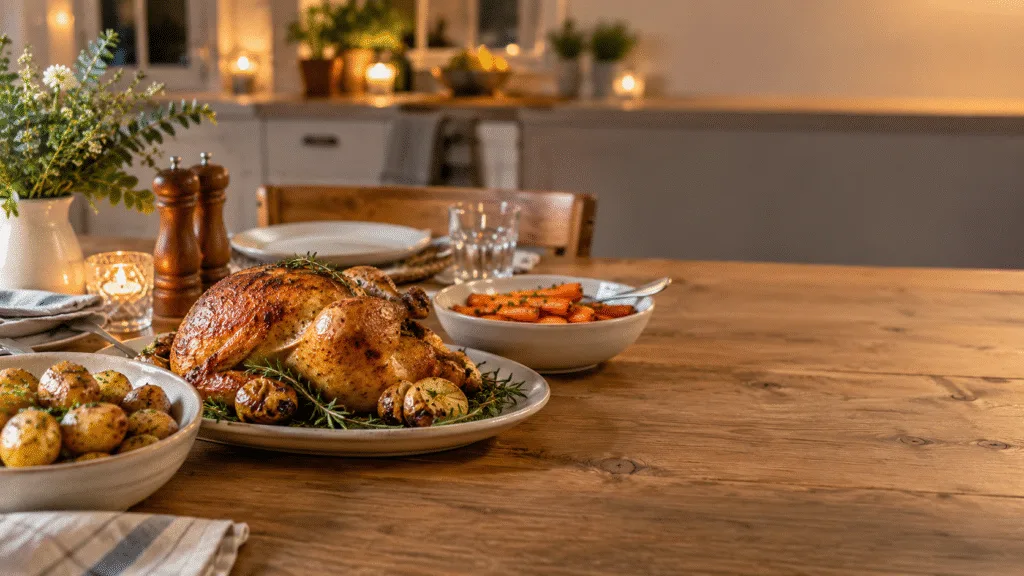 Home - Easy Recipes 6 Family dinner of roasted chicken, potatoes and tender carrots