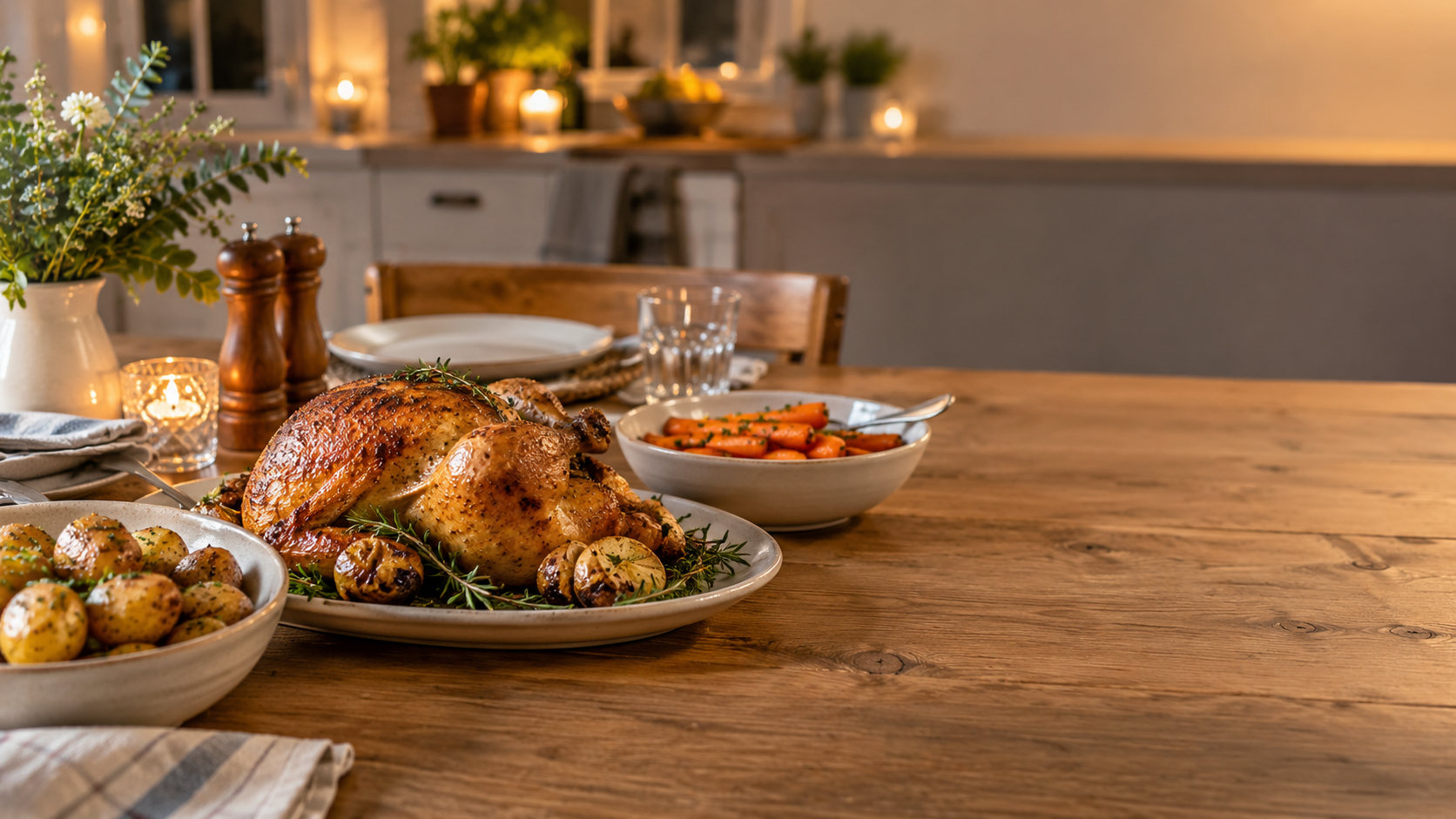 Family dinner of roasted chicken, potatoes and tender carrots