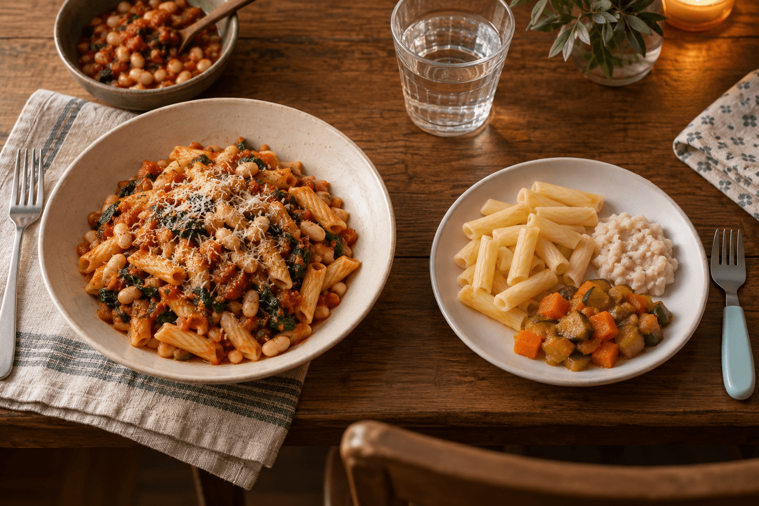 Family pasta dinner served two ways for an adult and a child