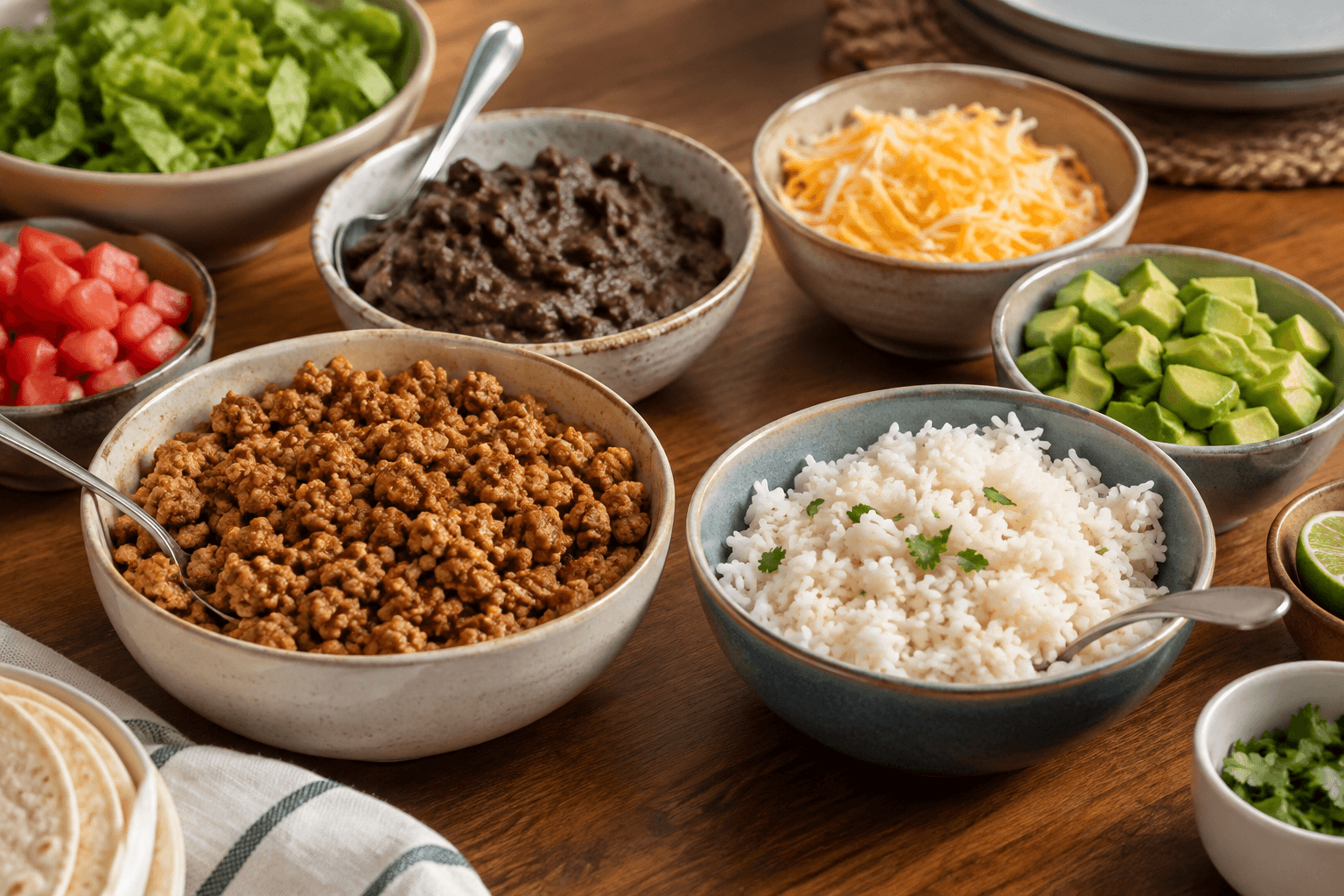 Turkey taco bowl components served separately for a kid-friendly dinner