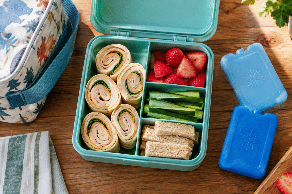 Home - Easy Recipes 10 Lunch ideas for kindergarteners: turkey pinwheels, strawberries and cucumber in a lunchbox beside two ice packs.