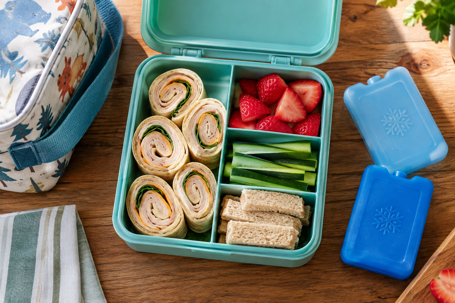 15 Lunch Ideas for Kindergarteners That Are Easy to Pack 1 Lunch ideas for kindergarteners: turkey pinwheels, strawberries and cucumber in a lunchbox beside two ice packs.
