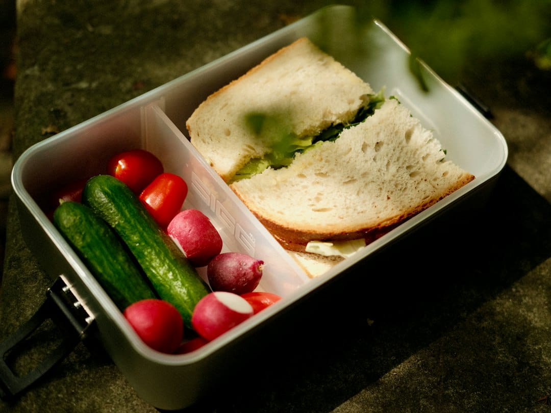 School lunchbox with a simple sandwich, cucumber, tomatoes and familiar sides