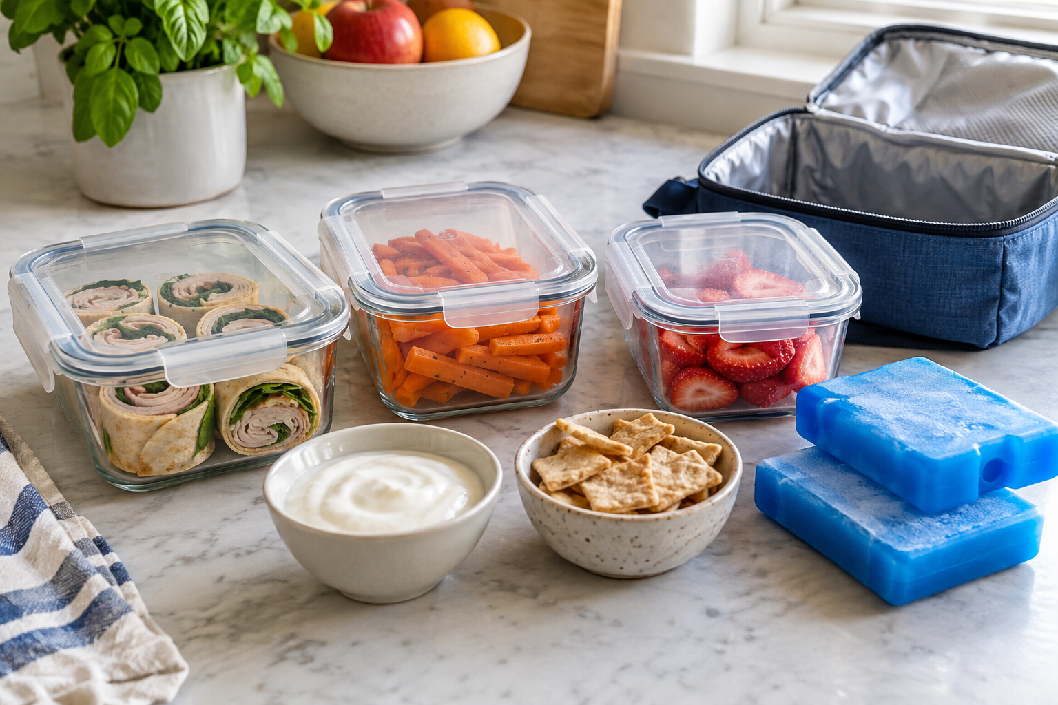 15 Lunch Ideas for Kindergarteners That Are Easy to Pack 4 School lunch ingredients in storage containers beside two ice packs and an insulated lunch bag.