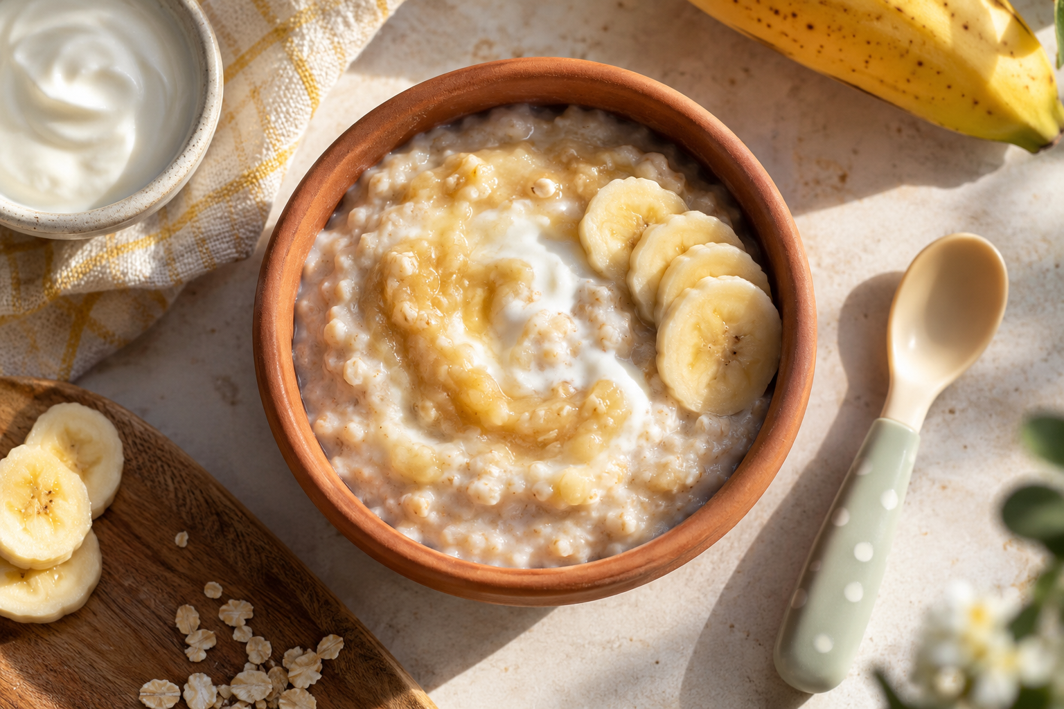 Creamy banana oatmeal with plain yogurt in a small bowl beside a child spoon.