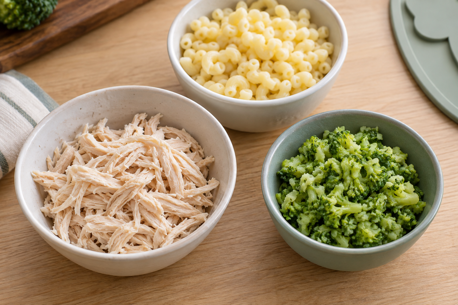 Toddler Lunch Ideas: A 5-Day Mix-and-Match Plan 2 Small pasta, shredded chicken and tender broccoli arranged as toddler lunch components