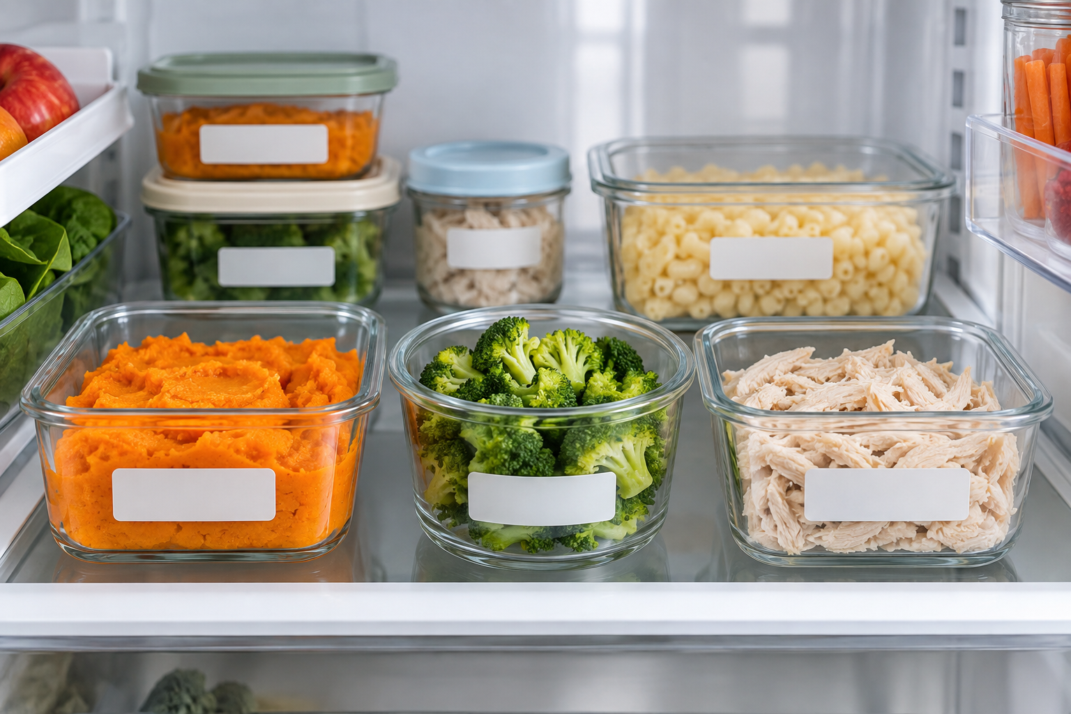 Toddler Lunch Ideas: A 5-Day Mix-and-Match Plan 4 Make-ahead toddler lunch containers in a refrigerator