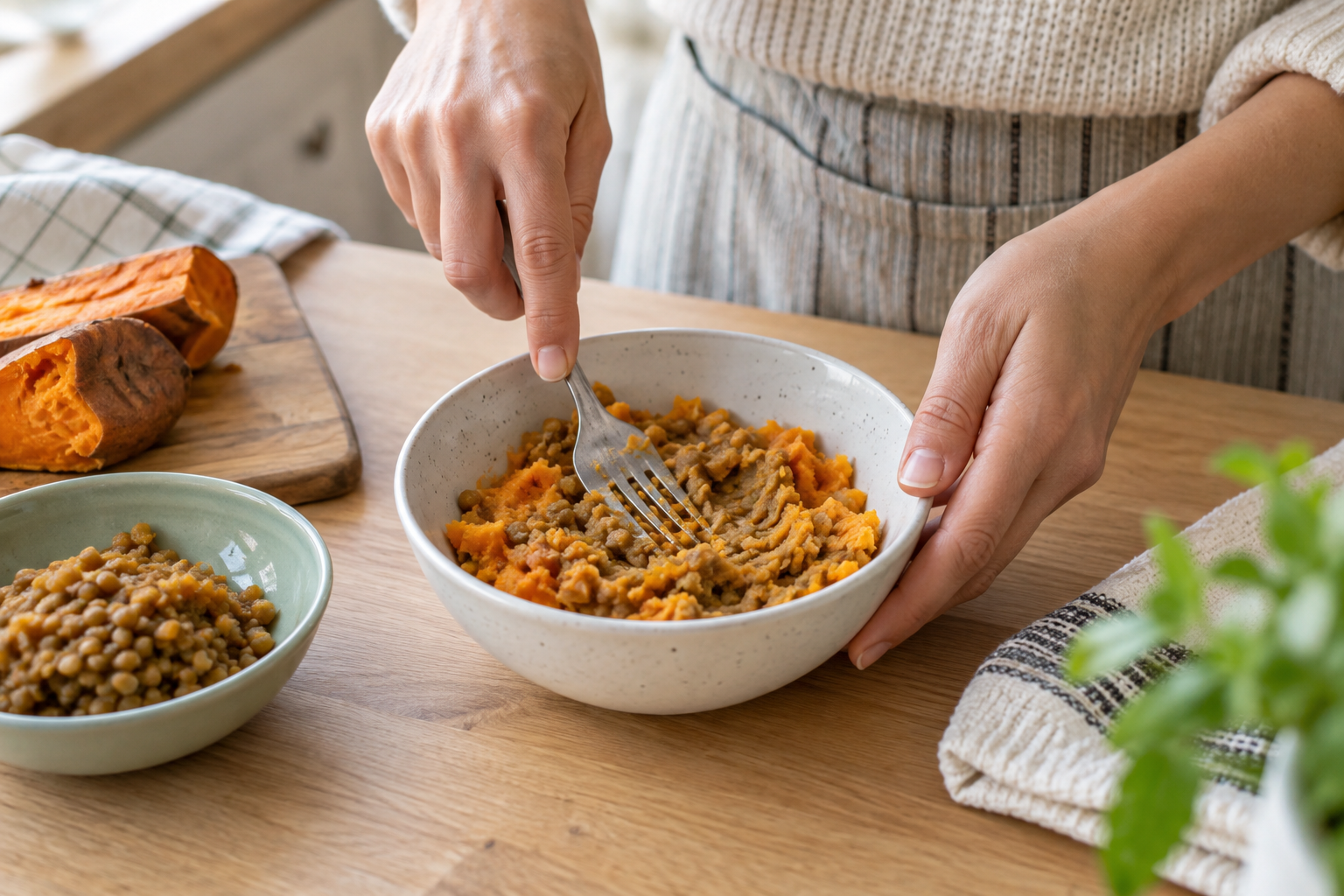 Toddler Lunch Ideas: A 5-Day Mix-and-Match Plan 3 Cooked lentils and soft sweet potato being mashed for a toddler lunch