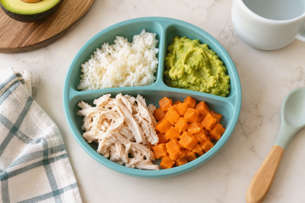 Home - Easy Recipes 4 Easy toddler meals: shredded chicken, soft rice, mashed avocado and cooked carrots on a divided plate.