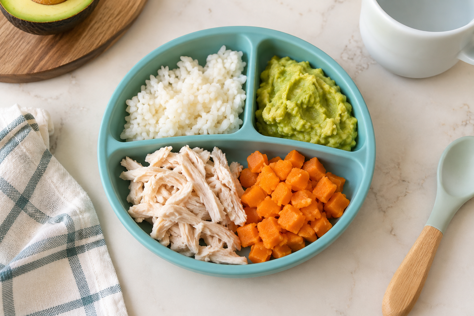 Easy toddler meals: shredded chicken, soft rice, mashed avocado and cooked carrots on a divided plate.