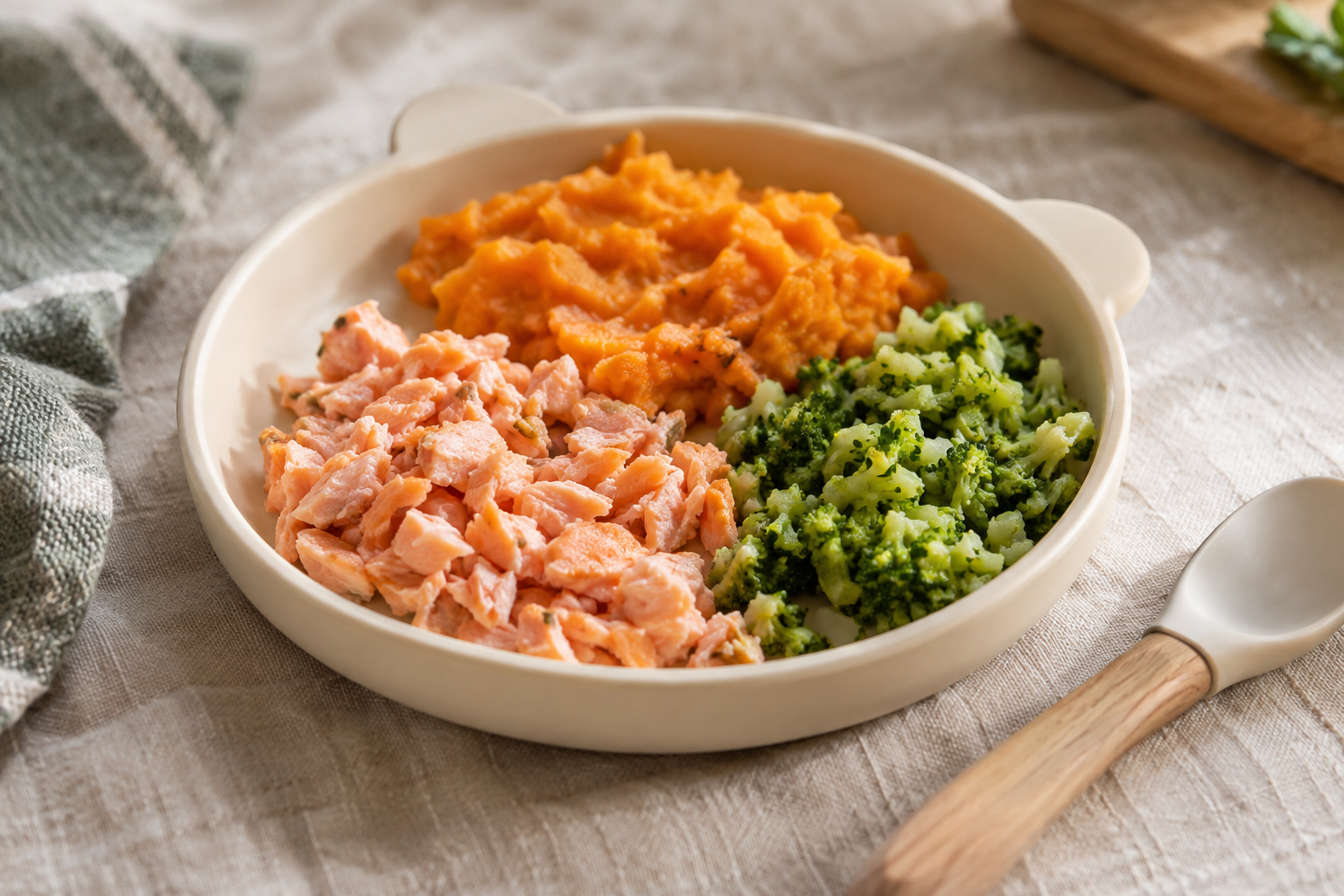 Flaked cooked salmon, sweet potato mash and finely chopped soft broccoli on a small plate.
