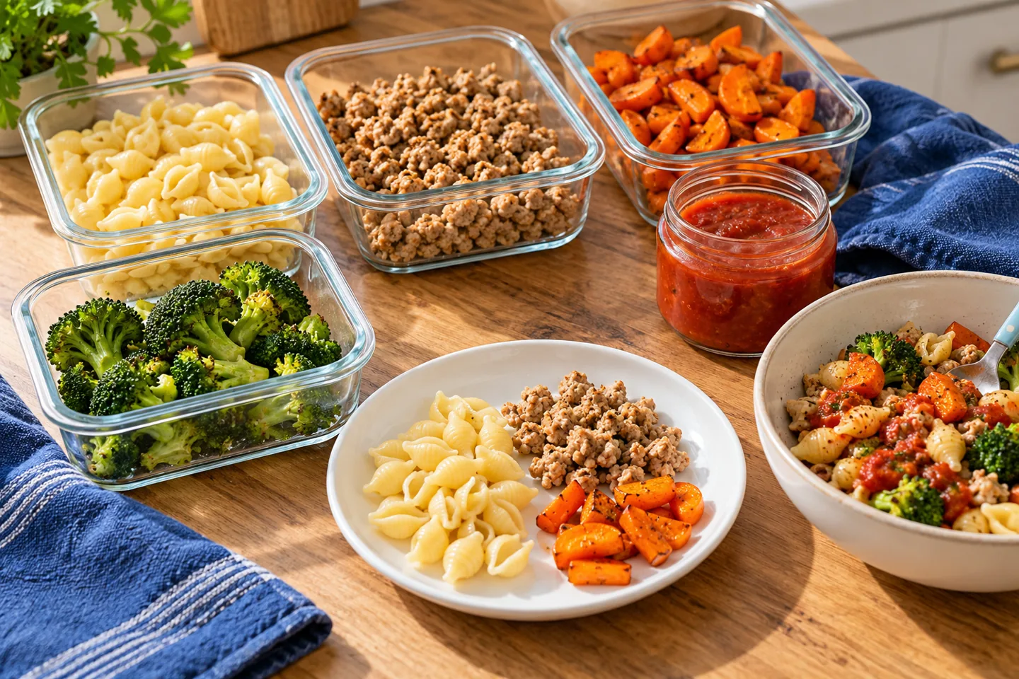 Glass containers of pasta, cooked turkey, carrots and broccoli beside a plate with separate portions